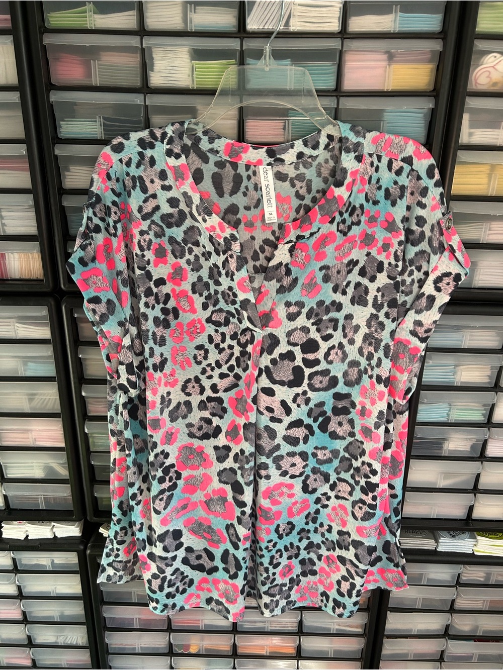 Leopard Print Split-Neck Women’s Lightweight Top in Sky Blue Cheetah - Picture 3 of 3